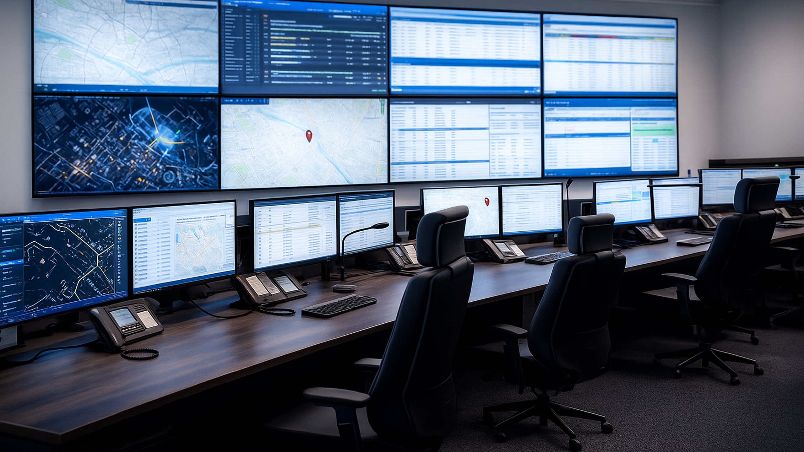 Viele eingeschaltete Monitore in Überwachungszentrale