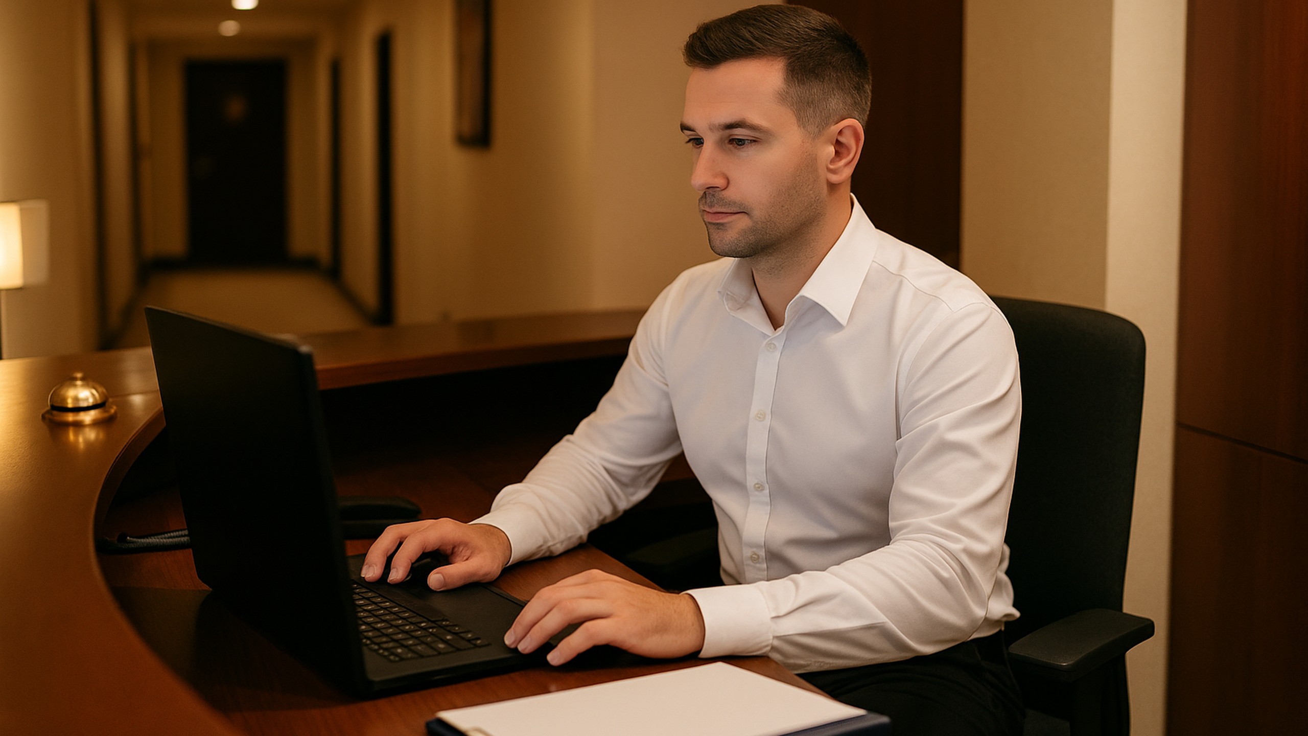 Mann hinter Tresen am Laptop