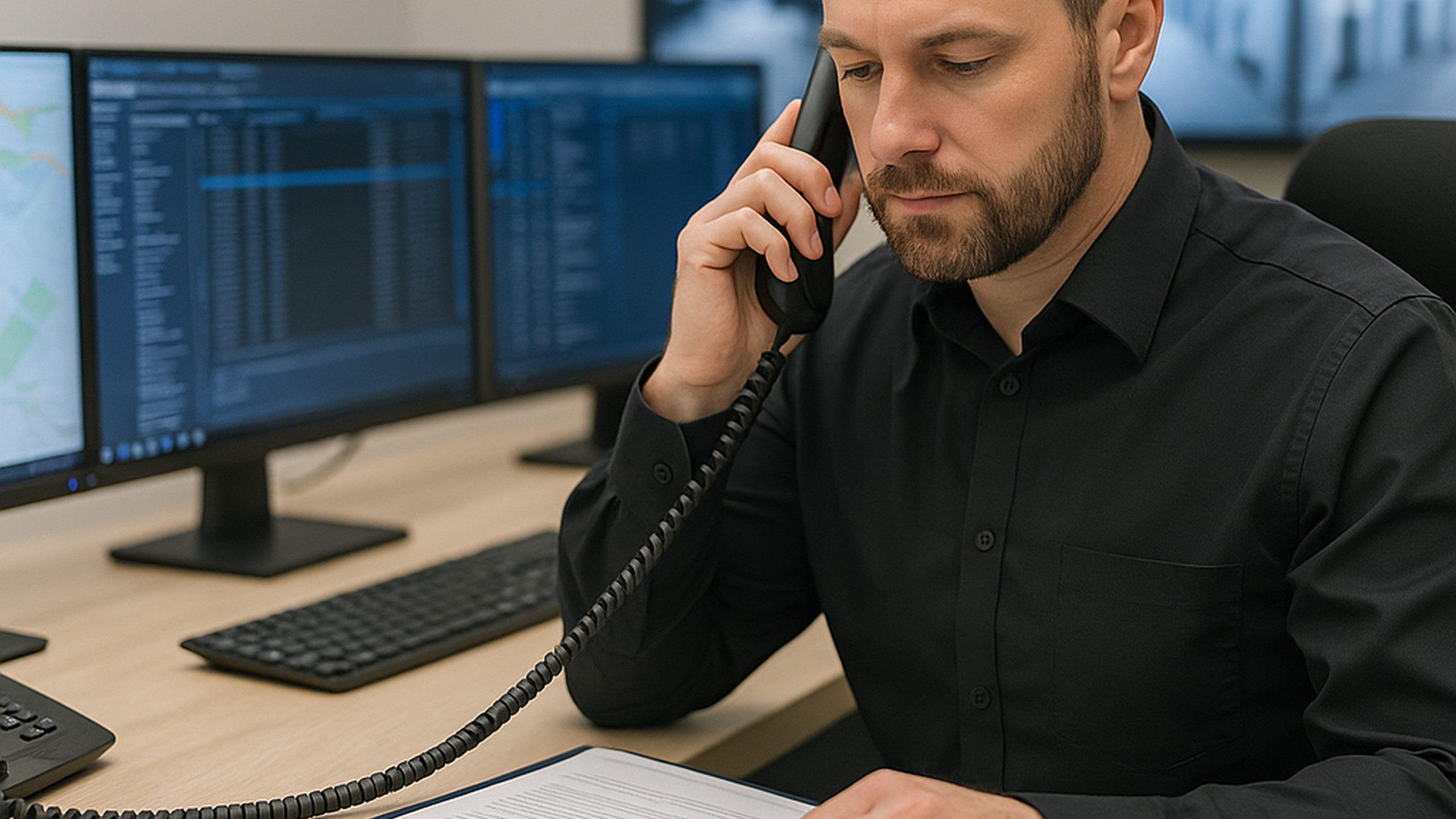 Mann telefoniert, im Hintergrund Monitore