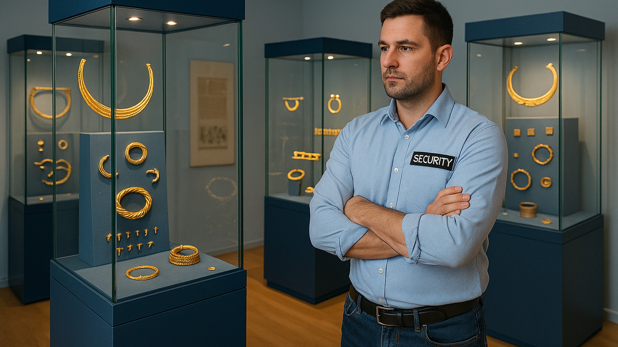 Security-Mitarbeiter vor Schmuckschaukästen