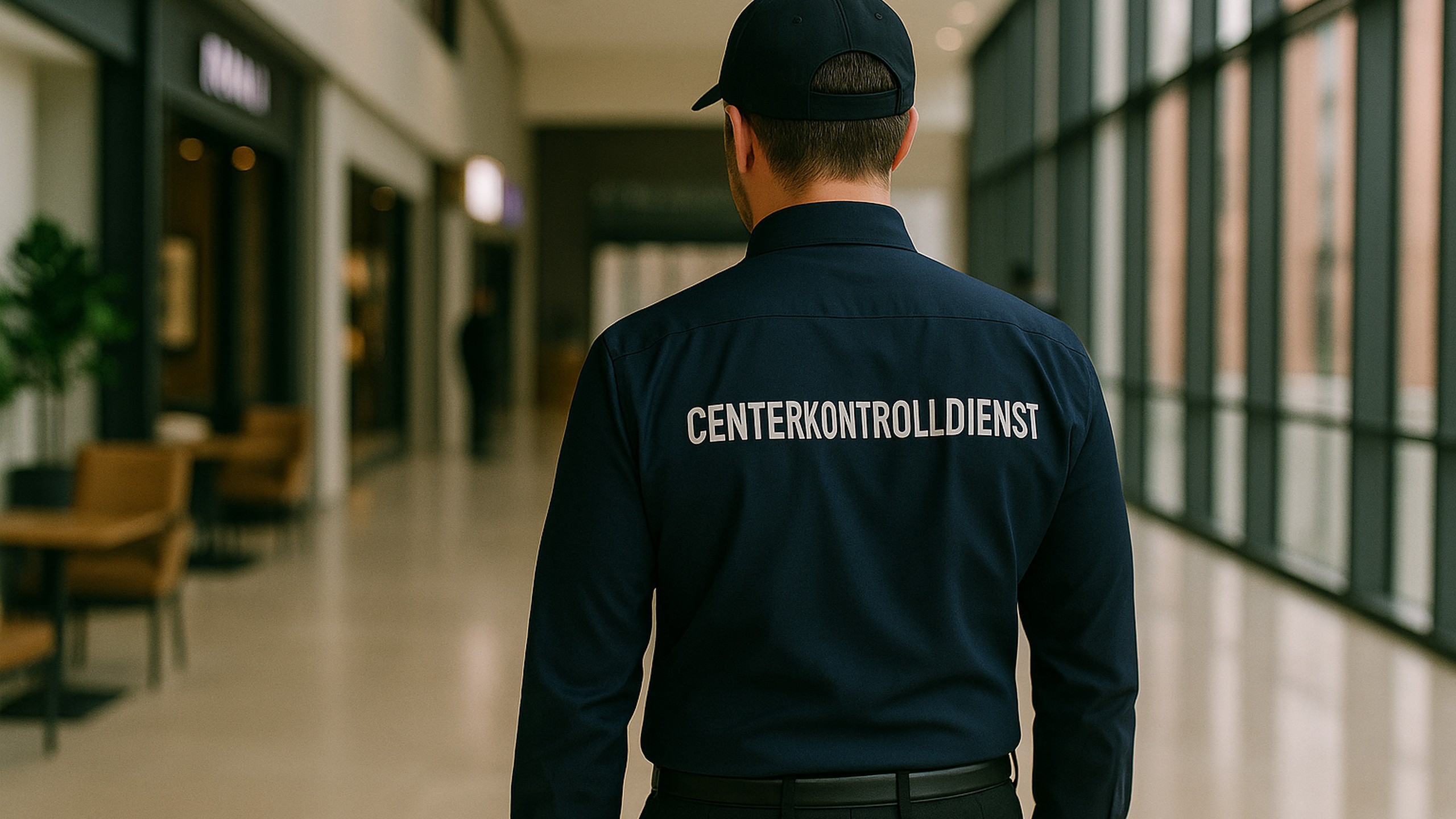 Centerkontrolldienstmitarbeiter von hinten im Gang eines Centers